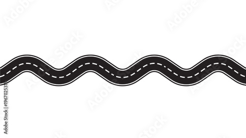 Winding black asphalt road with dashed white lines, a journey concept graphic on a white background.