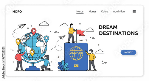 Travel agency landing page flat line illustration with globe passport people planning dream destination holiday trip