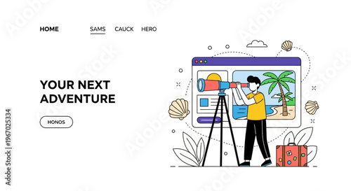 Man see sea with glass on web site for next trip abroad today now go