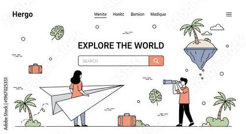 Travel web page with man plane leaf map sea sun bag sky and palm art