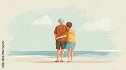 senior couple grandma and grandpa walk on the beach in summer illustration