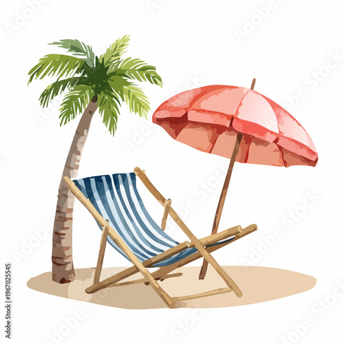 Aquarell Sommer-Set mit Holz-Sonnenliege, Vintage-Strandschirm und Palme – Provence Stil