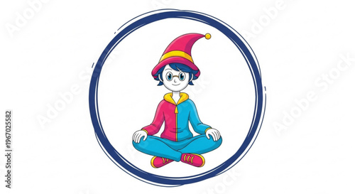 Cartoon character in a red and blue wizard hat and pajamas, meditating cross-legged inside a blue circle outline