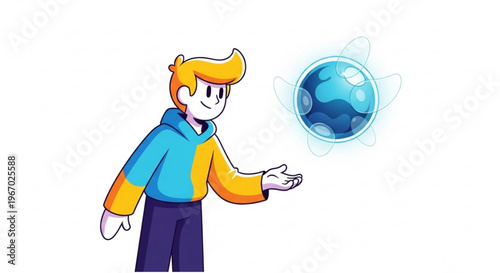 Vibrant cartoon character in a two-tone hoodie reaching out to a glowing blue orb, embodying a futuristic concept of digital connection and imaginative possibilities