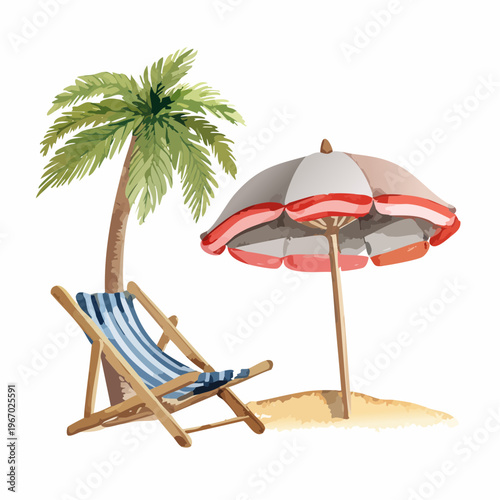 Aquarell Sommer-Set mit Holz-Sonnenliege, Vintage-Strandschirm und Palme – Provence Stil