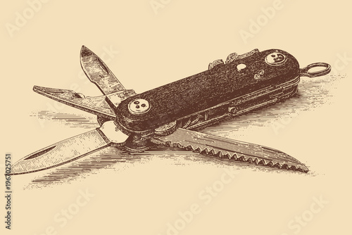 Vector icon of a classic multi-purpose pocket knife in the open position. Illustration of outdoor camping equipment.