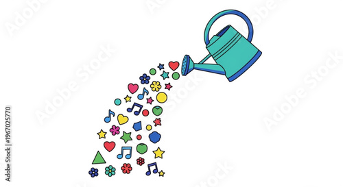 Vibrant illustration of a watering can showering a whimsical cascade of colorful shapes, symbolizing the free flow of creativity, growth, and inspiration