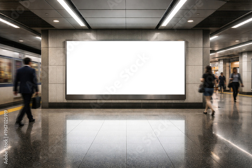 Blank illuminated subway advertising board mockup in modern metro station