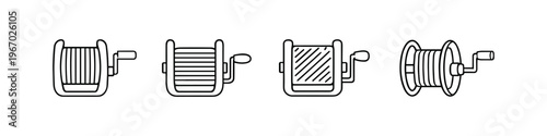 Collection of simple line art icons representing hose reels and spools with handles