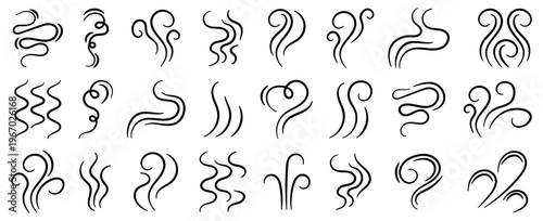 Abstract wind swirl lines set. Smooth flowing curves representing air movement and breeze in minimal linear style compositions