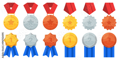 Award medals collection set. Gold silver and bronze prize badges with ribbons for competition and achievement recognition