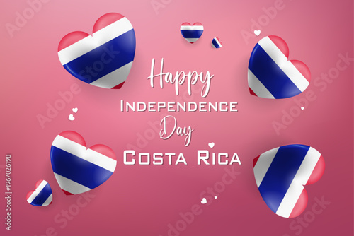 Costa Rica Independence Day celebration graphic with hearts and volcanic mountain emblem on blue red and white festive background