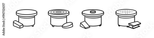 Set of four stylized icons representing coffee tamper and accessories
