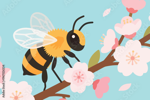 A Bee on a Cherry Blossom Tree Trunk Illustration Creative Design Template Background