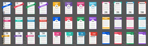 Pricing table templates collection. Colorful subscription plan cards with free basic standard and premium options in modern layout styles
