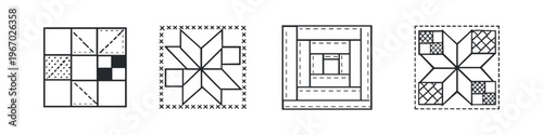 Collection of four distinct geometric quilt block designs and patterns