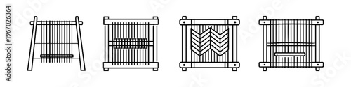 Collection of four simple line art illustrations of traditional weaving looms