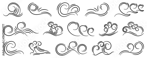 Ocean wave line icons set. Stylized water curls and splashes in clean linear design for sea and marine themed elements