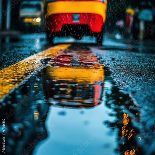 Vibrant Monsoon Reflections: Macro Raindrops on Colorful Tuk-Tuk in Urban Puddle