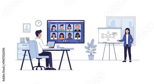 A man works on a laptop facing a large video conference screen, while a woman presents at a whiteboard in a modern office.