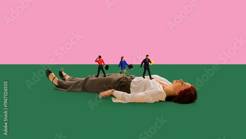 Businesswoman lying still while tiny office workers walk across her body on colorful background. Concept of burnout, stress overload, career pressure, and work life imbalance in modern business.