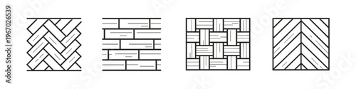 Collection of four distinct wood flooring pattern illustrations in black and white