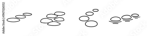 Collection of simple line art stepping stones in a path across white background
