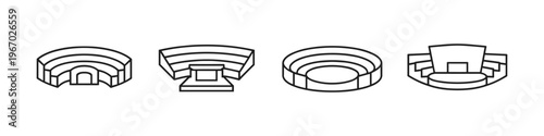 Collection of simple line art icons representing different types of stadiums and arenas