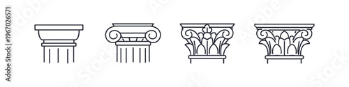 Collection of four distinct classical architectural column capitals in line art style