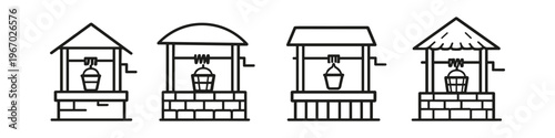 Collection of four simple line art water well icons with buckets and cranks
