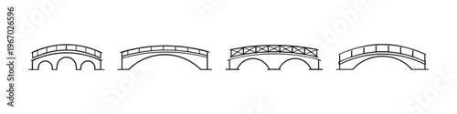 Collection of simple line art bridges with arches and railings on a white background