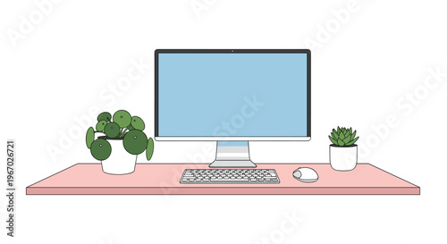 A clean pink desk features a silver computer with a light blue screen, a keyboard, mouse, and two different potted plants.