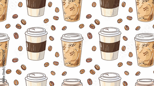 Seamless pattern of coffee cups and beans in a repeating design for backgrounds