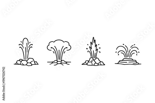 Collection of stylized geyser eruptions and water fountains in a simple line art style
