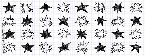 Hand drawn star doodles set. Sketch style stars with different shapes and expressive lines for decorative creative elements