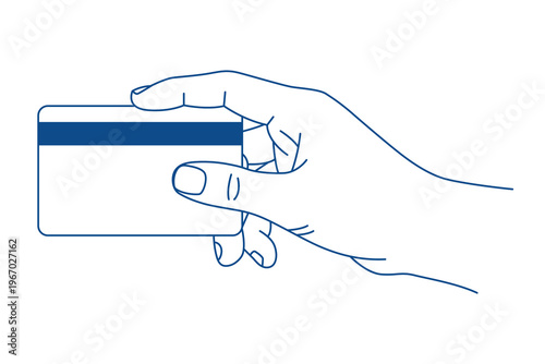 Illustration of a hand holding a blue and white credit card, symbolizing financial transactions and modern payment methods.