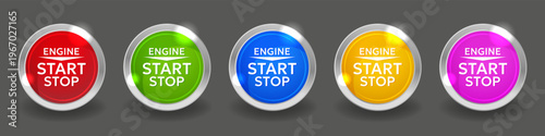 Engine start stop buttons set. Glossy round icons in different colors with metallic frame for car dashboard interface elements