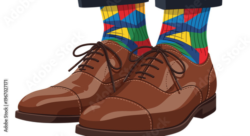 A person's feet wear dark brown oxford shoes and colorful geometric socks, angled on a light wooden floor.