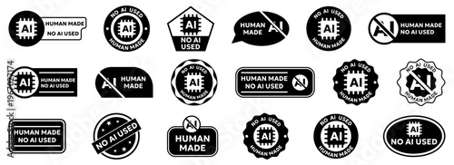 No ai used badge collection. Black label designs with typography and chip symbols for marking human made content authenticity