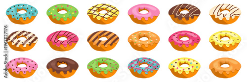 Donut sweets collection set. Colorful glazed donuts with various toppings and patterns representing dessert and bakery food