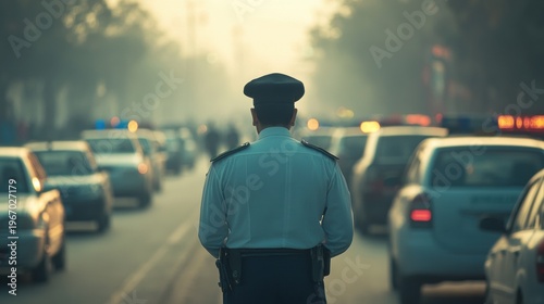 Urban Heatwave: Traffic Police Officer Directing Gridlock in Smoggy Cityscape