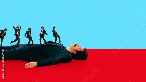 Businessman lying while multiple clones move chaotically across his body on bright background. Concept of burnout chaos, stress overload, loss of control, and mental fatigue in modern work environment