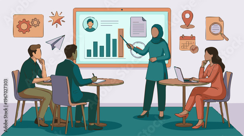 Professional woman leading business presentation to diverse team in office