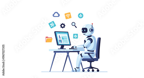A humanoid robot sits at a desk, typing on a keyboard and looking at a computer monitor displaying a user profile.