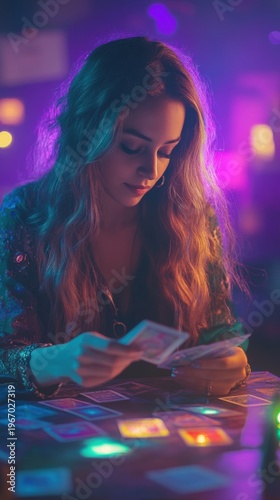 Mystic Encounter: Cinematic Fortune Teller Reading Tarot Cards at Night Market with Purple and Blue Ambient Lighting