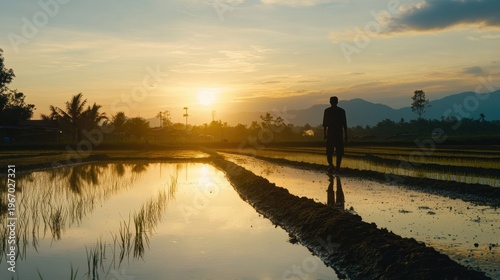 Tranquil Thai Rice Paddy Sunset: Silhouetted Farmer on Muddy Ridge in Classic Cultural Landscape