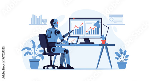 A humanoid robot sits at a desk, operating a laptop and pointing at a monitor displaying data graphs.