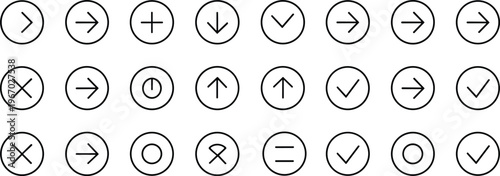 Minimal circular navigation icon set, arrow button symbols collection, UI control vector line icons, interface outline design elements pack