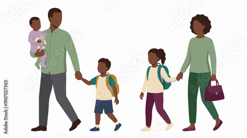 African American family walking together with children and baby illustration