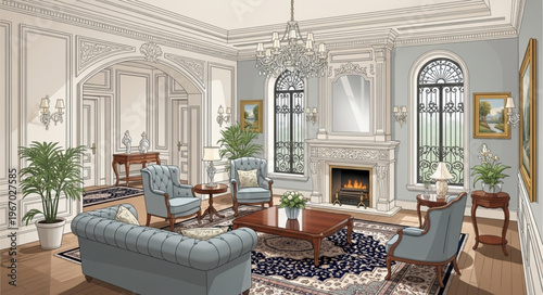 Elegant Living Room Interior Design Sketch with Ornate Details.